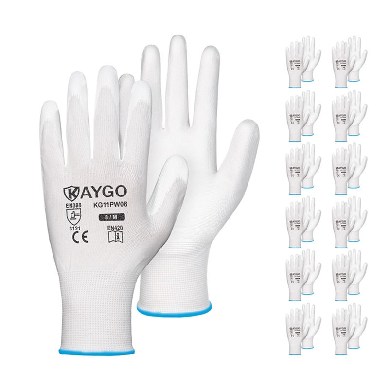 KAYGO Safety Work Gloves PU Coated-12 Pairs, KG11PB, Seamless Knit Glove with Polyurethane Coated Smooth Grip on Palm & Fingers, for Men and Women, Ideal for General Duty Work (Medium, White) - Image 1